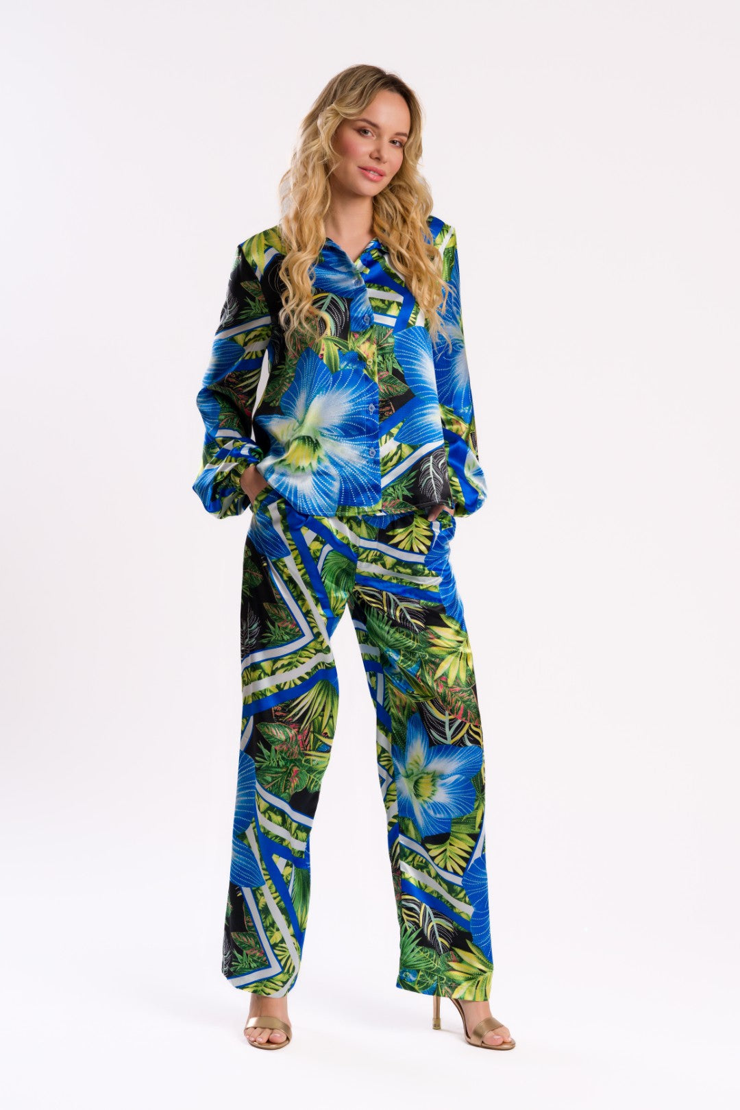 Vibrant Orchid & Leaf Print Satin Shirt Blouse