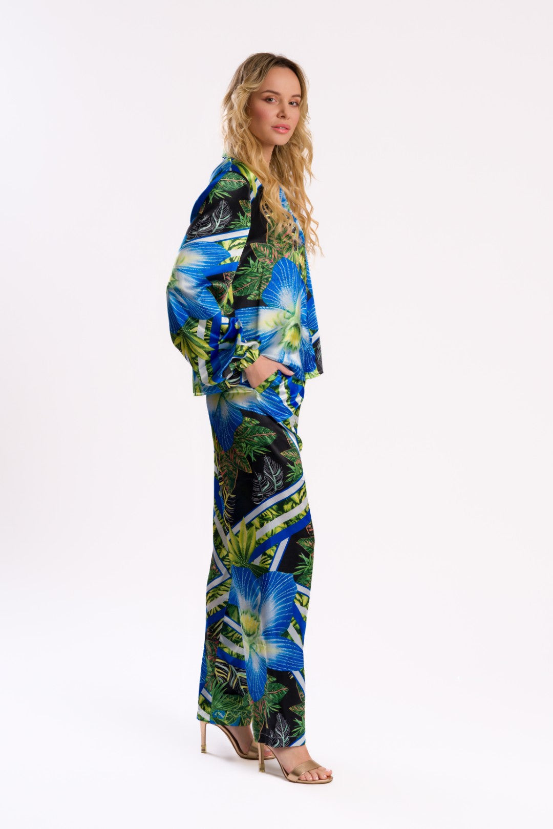 Vibrant Orchid & Leaf Print Satin Shirt Blouse