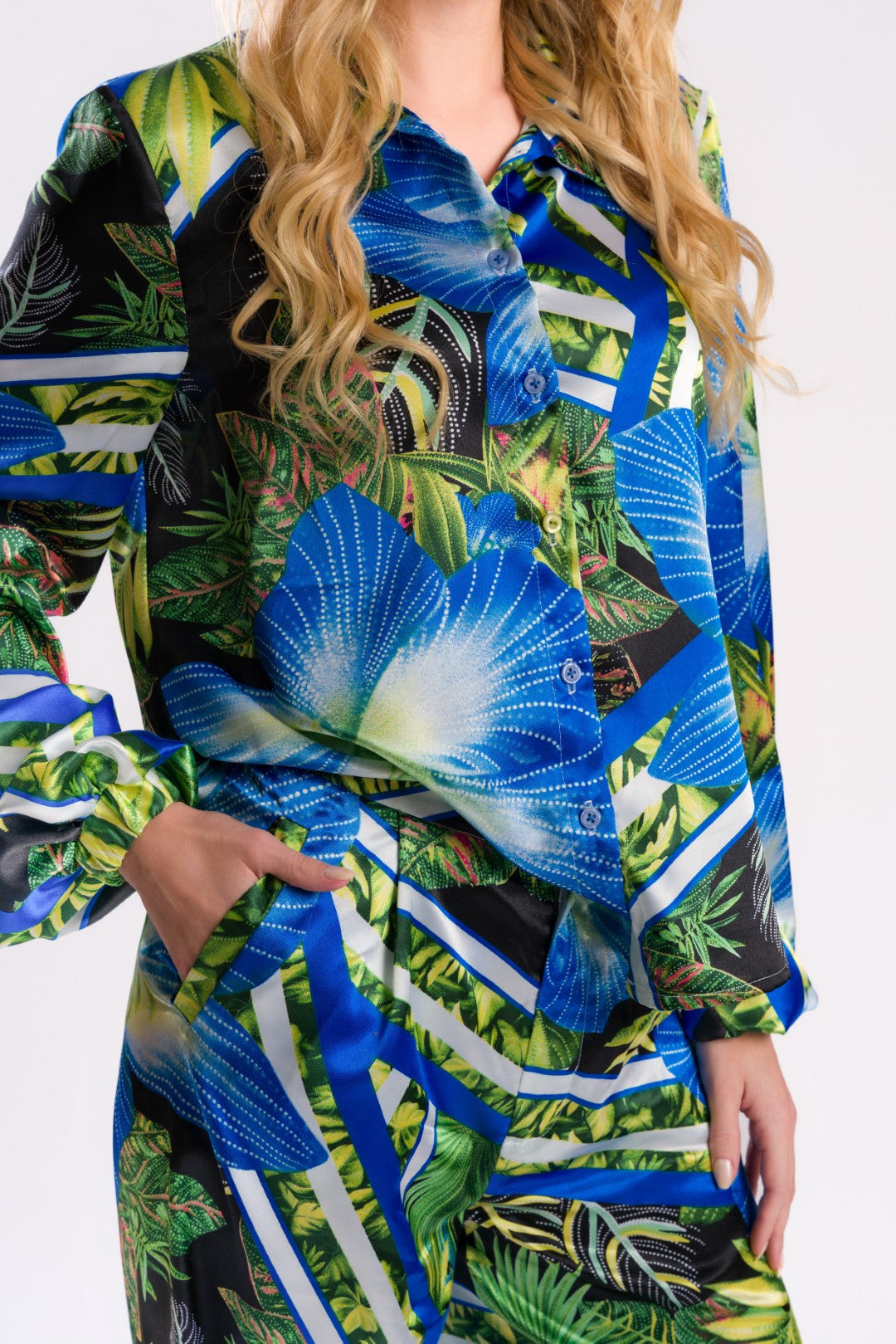 Vibrant Orchid & Leaf Print Satin Shirt Blouse