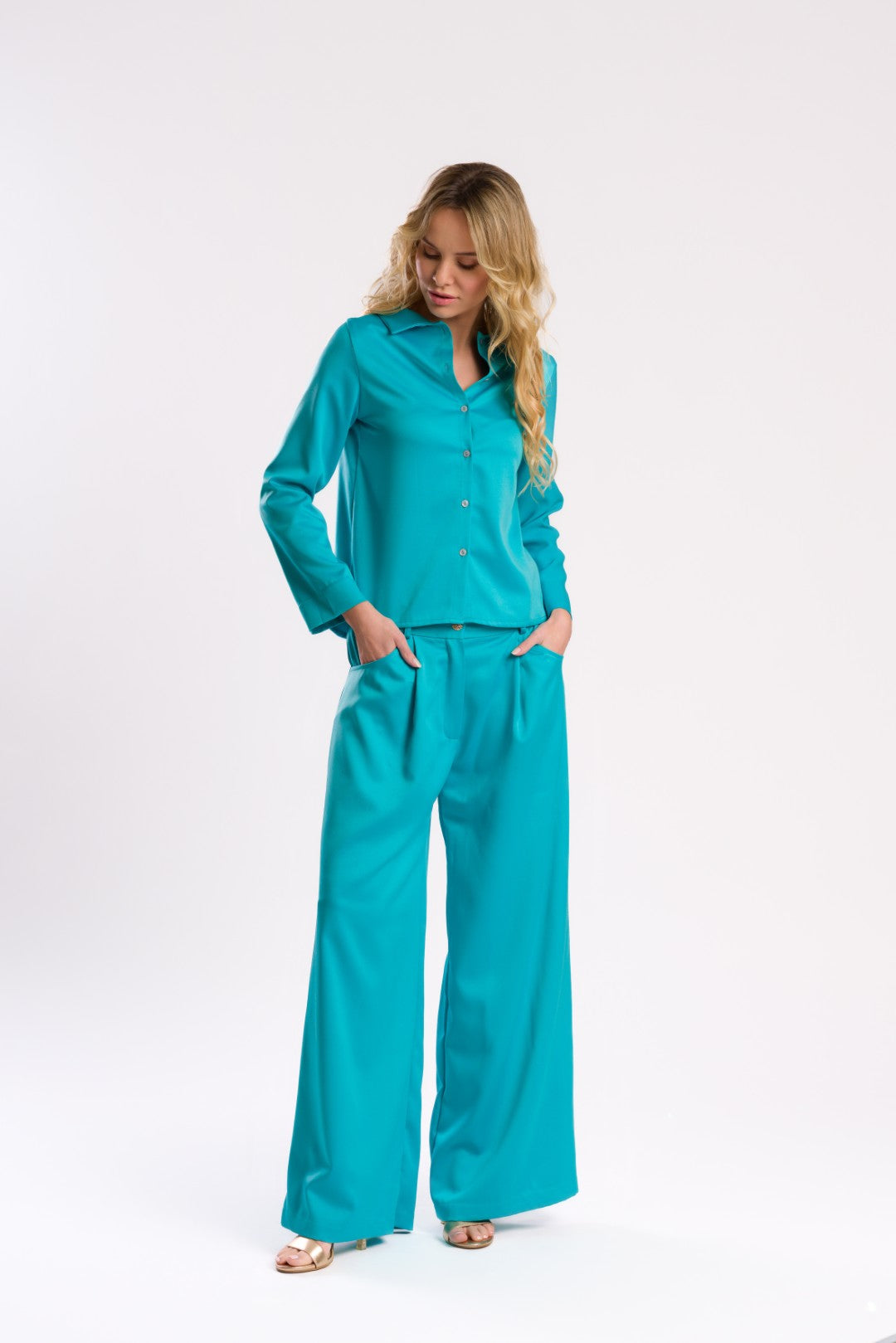 Aqua Blue Relaxed Fit Button-Up Shirt Blouse