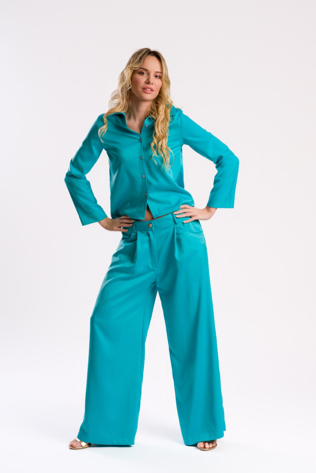 Aqua Blue Relaxed Fit Button-Up Shirt Blouse