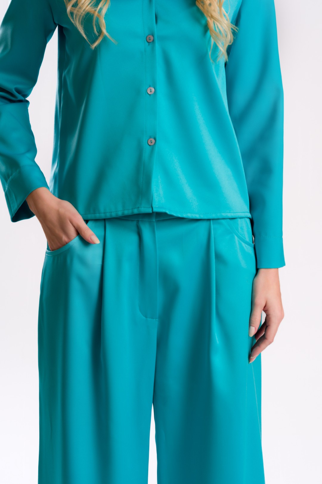 Aqua Blue Relaxed Fit Button-Up Shirt Blouse