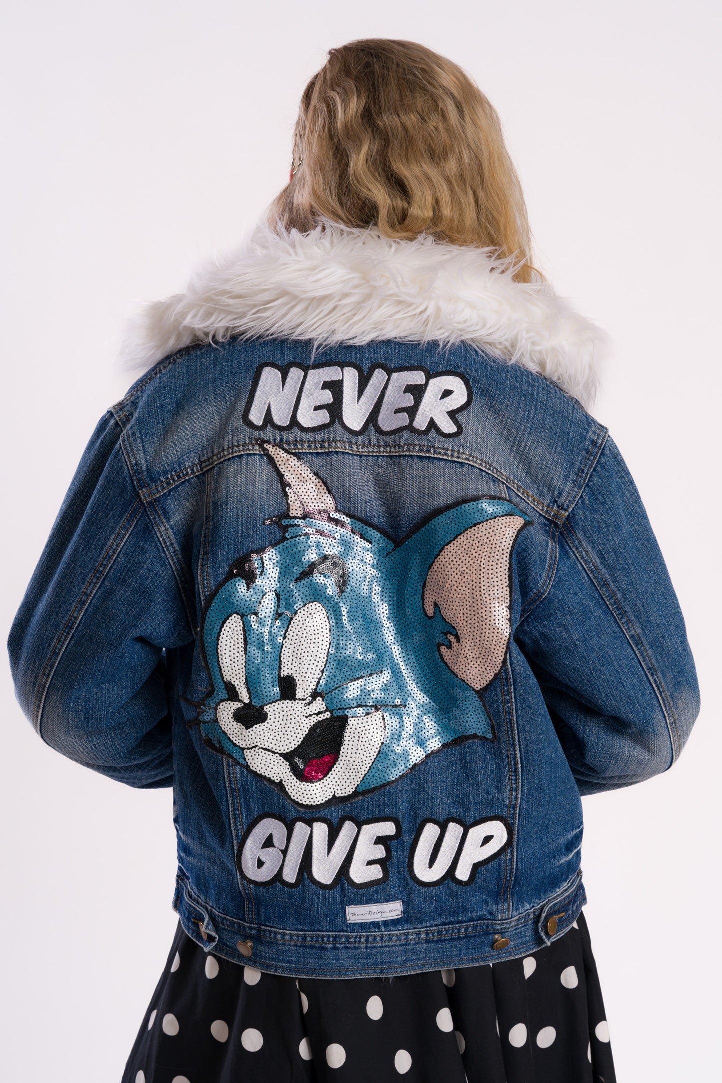 "Never give up" Tom the cat denim jacket #recycled