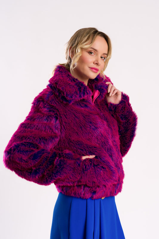Fuchsia and Purple Shaggy Faux Fur Jacket