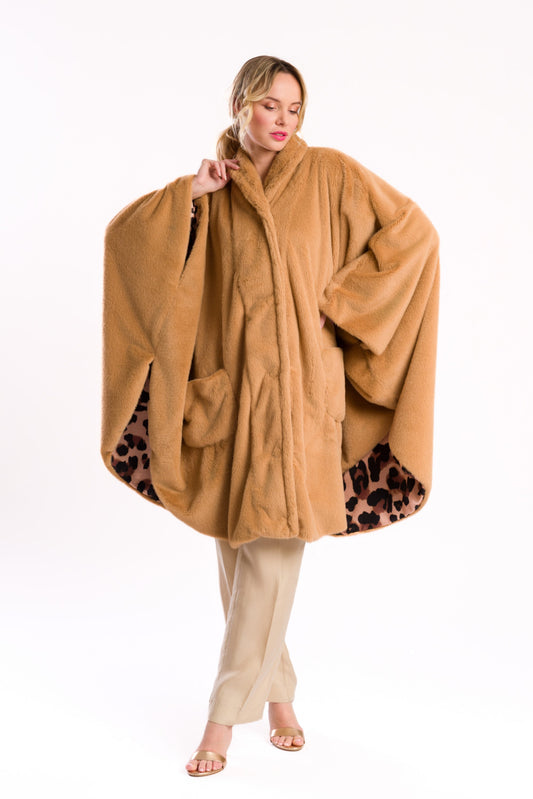 Camel Faux Fur Poncho with Leopard Lining
