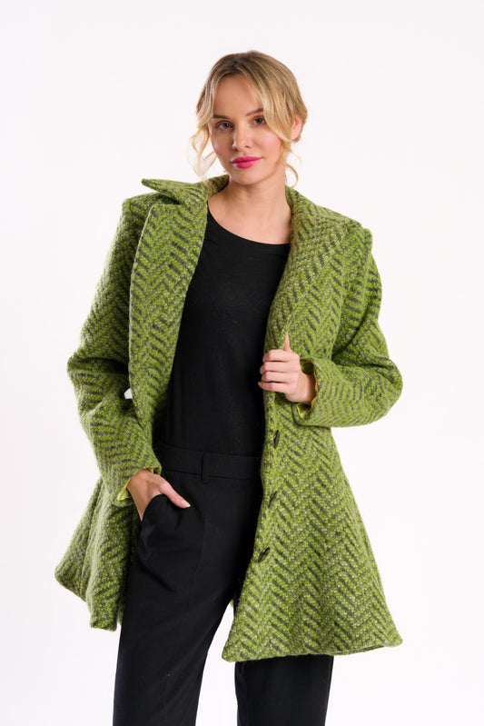 Green Herringbone Fitted Coat