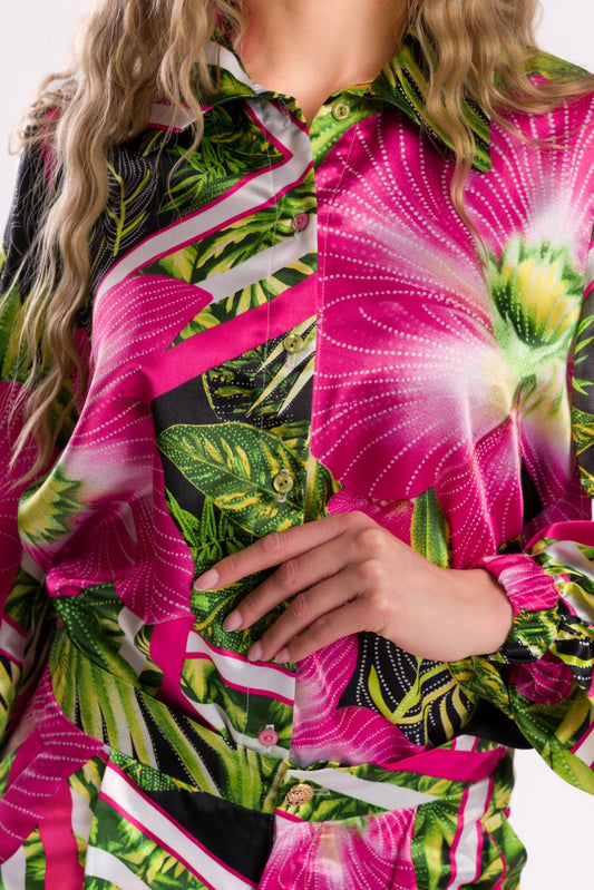Tropical Print Satin Shirt Blouse