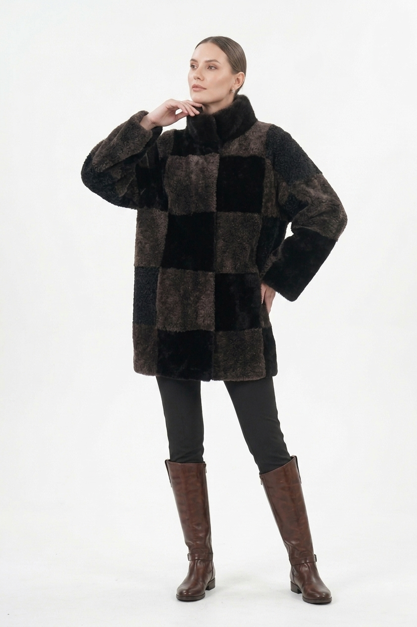 The Tricolor Patchwork: Upcycled Faux Fur Stand-Collar Coat