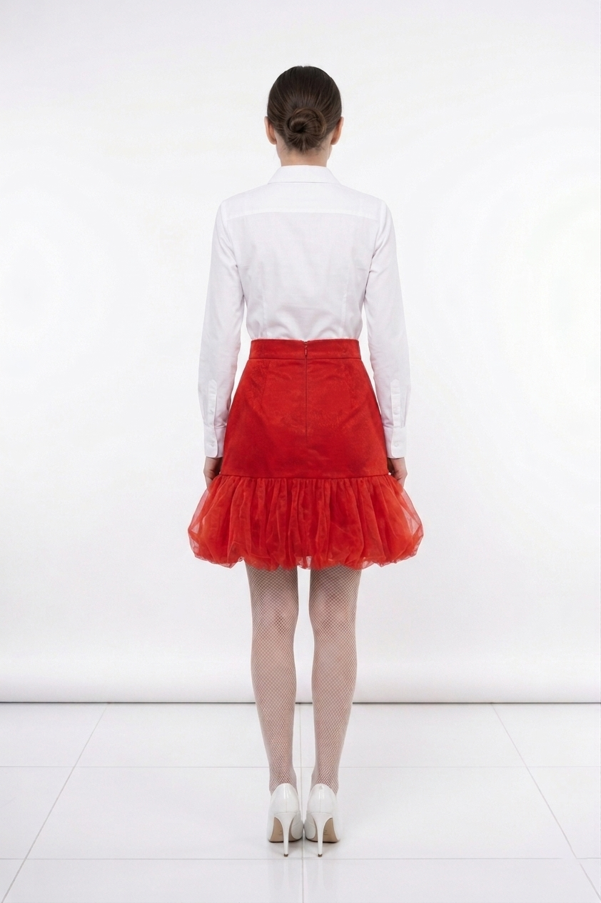 Red Upcycled Sheer Tulle Ruffled Mini Skirt