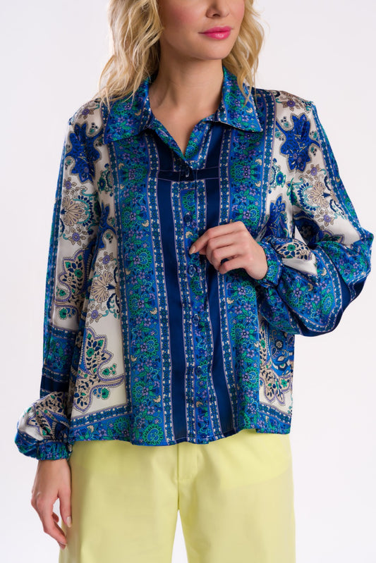 Bluse aus Satin mit blauem und cremefarbenem Paisley-Muster