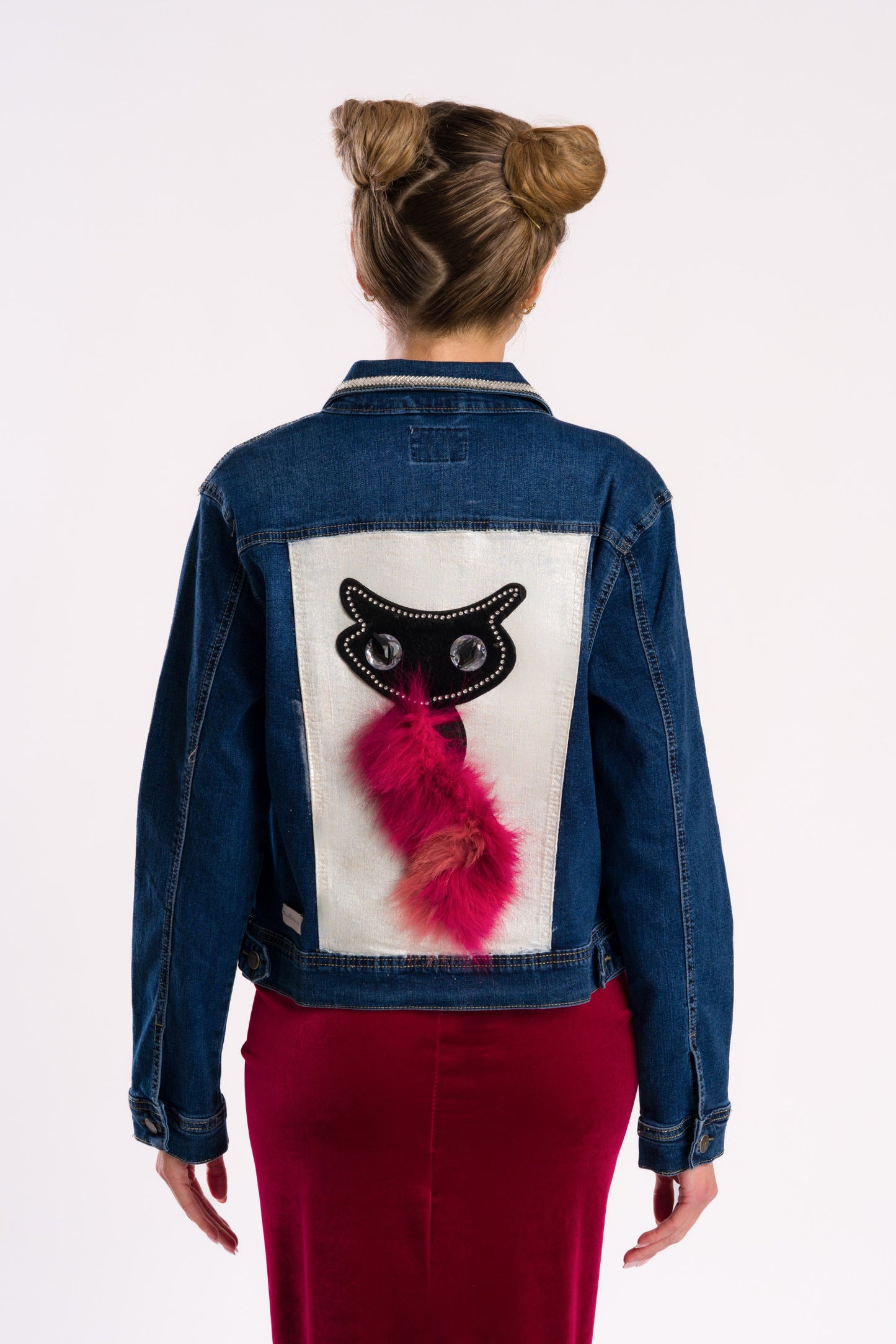 Faux fur applique cat denim jacket #recycled