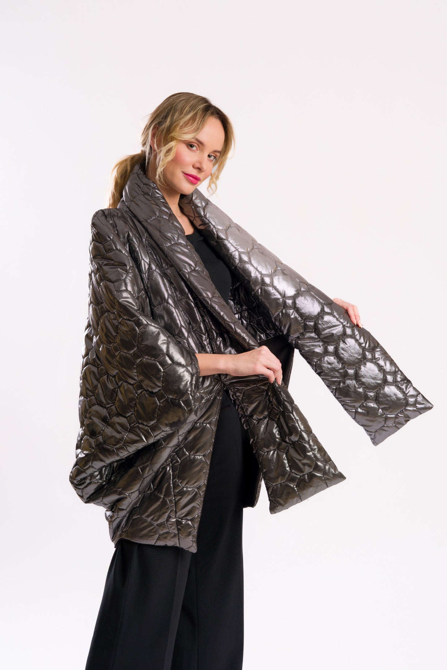 The gunmetal puffer poncho