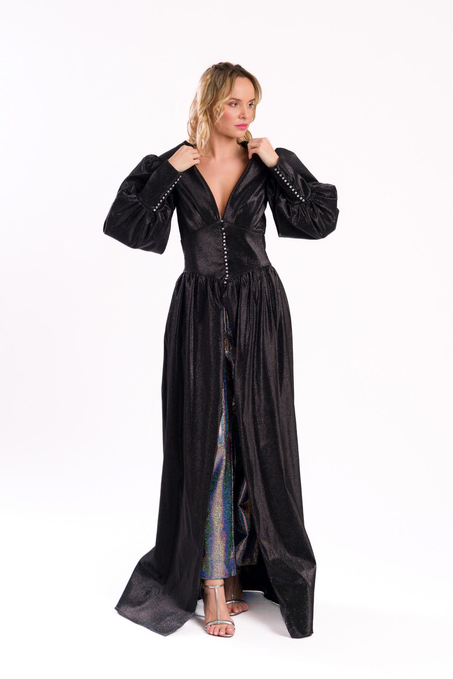 Black maxi dress with V - neck and lots of buttons at the sleeve caps