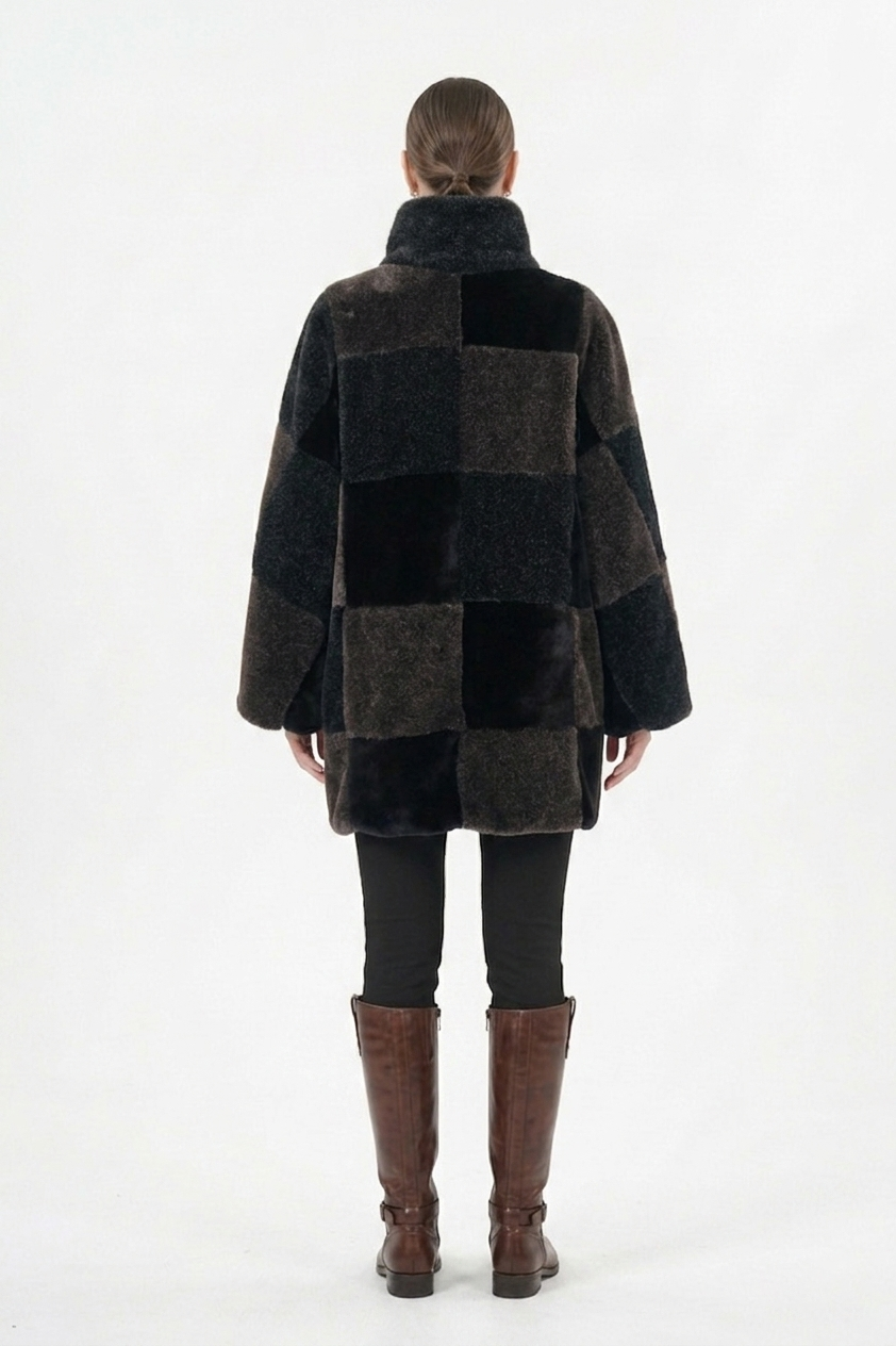 The Tricolor Patchwork: Upcycled Faux Fur Stand-Collar Coat