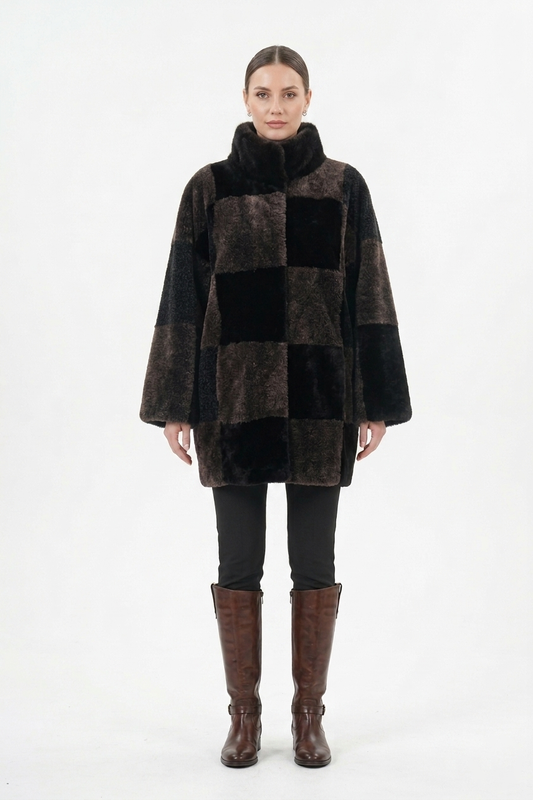 The Tricolor Patchwork: Upcycled Faux Fur Stand-Collar Coat