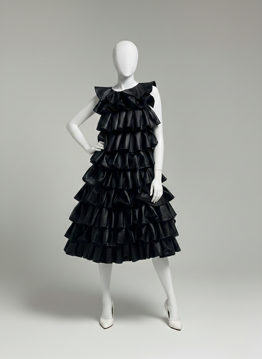 Upcycled Faux-Leather Tiered Ruffle Dress
