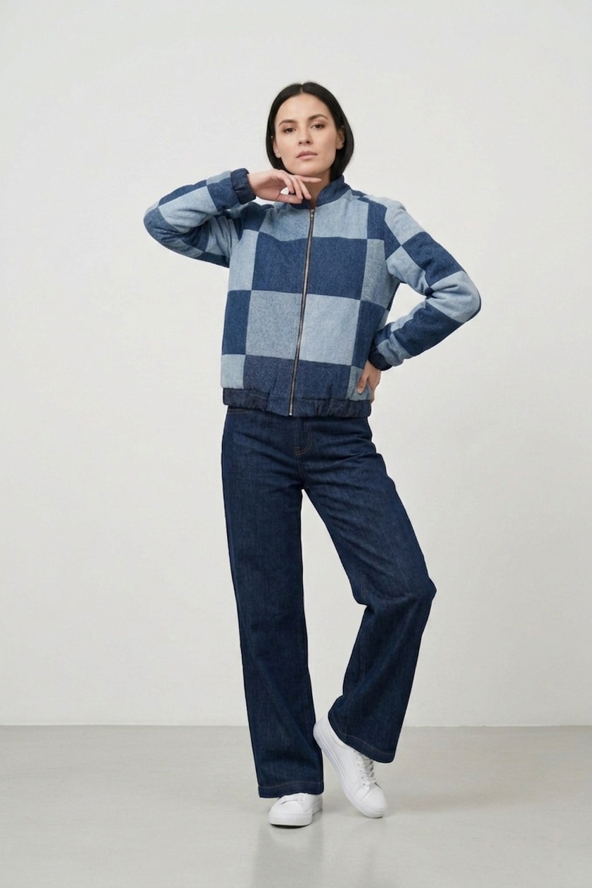 Recycled Denim Checkered Bomber Jacket made from Jeans "1"