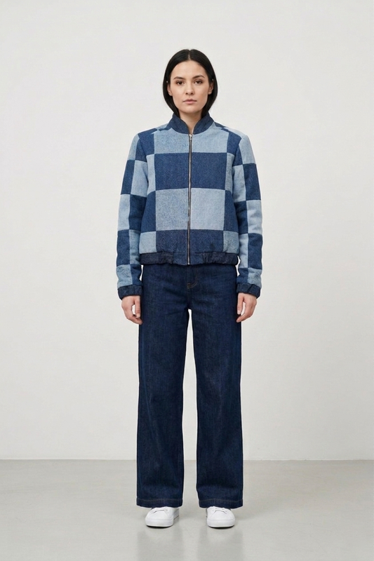 Recycled Denim Checkered Bomber Jacket made from Jeans "1"