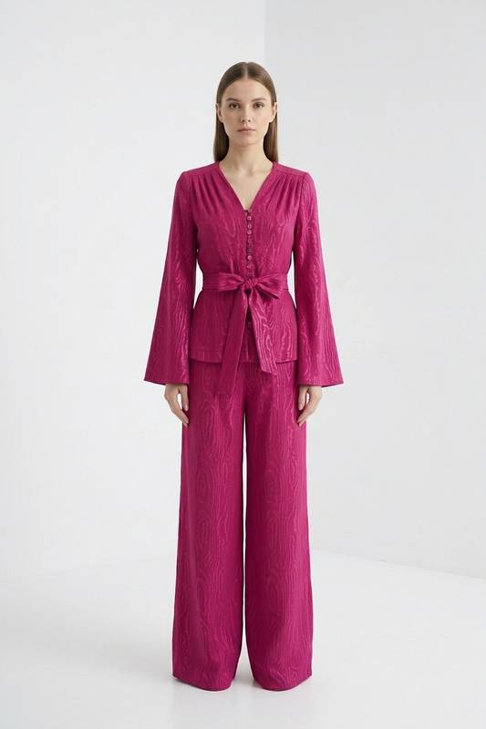 Upcycled Curtain Wide-Leg Trousers in Magenta Woodgrain Jacquard