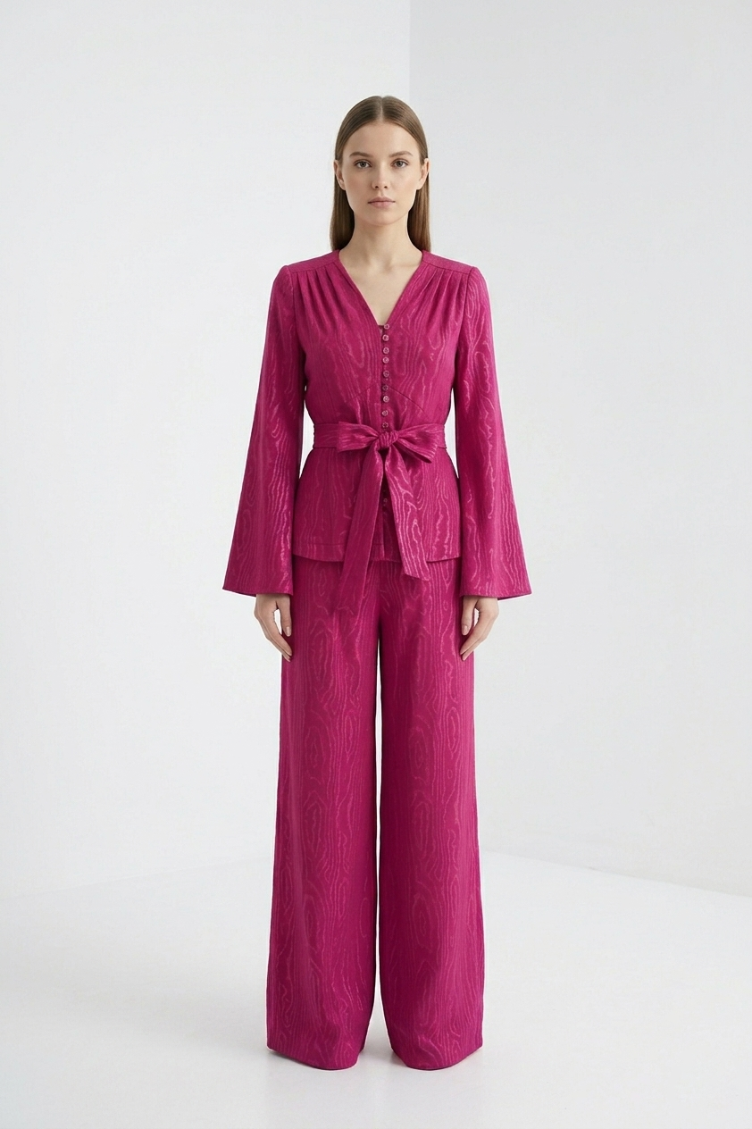 Upcycled Curtain Shirt in Magenta Woodgrain Jacquard