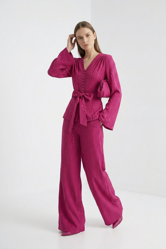 Upcycled Curtain Wide-Leg Trousers in Magenta Woodgrain Jacquard
