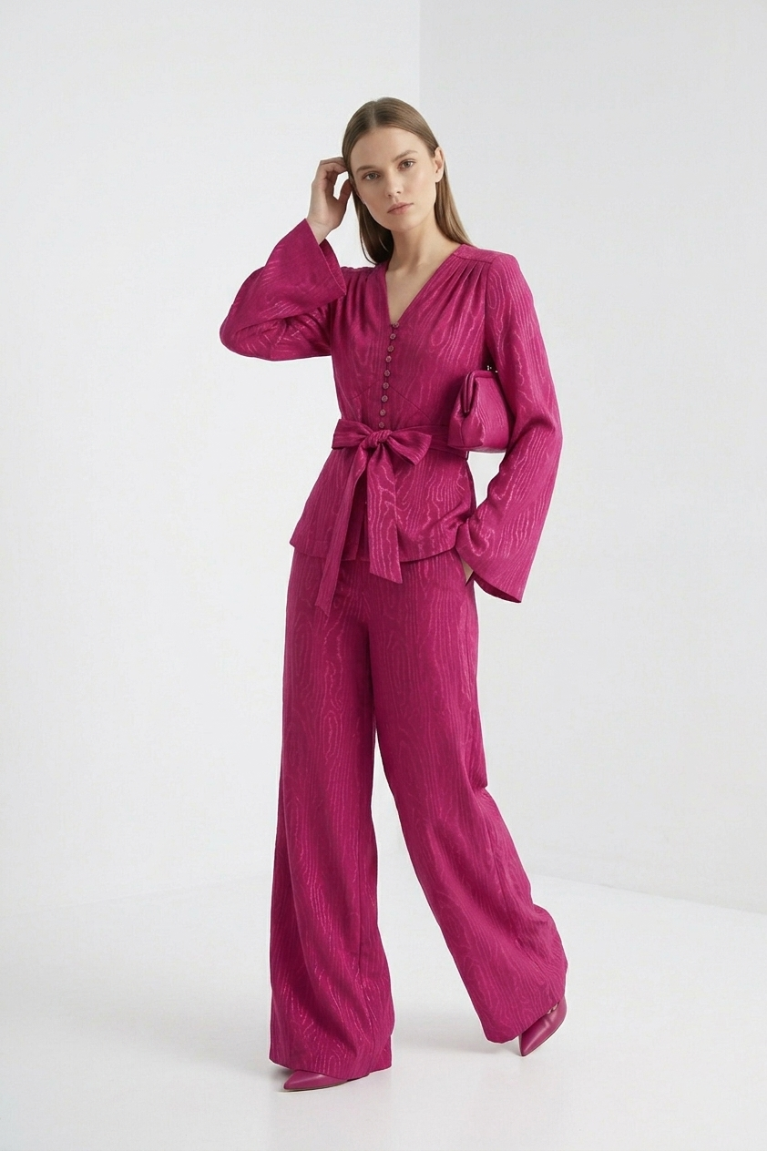 Upcycled Curtain Shirt in Magenta Woodgrain Jacquard