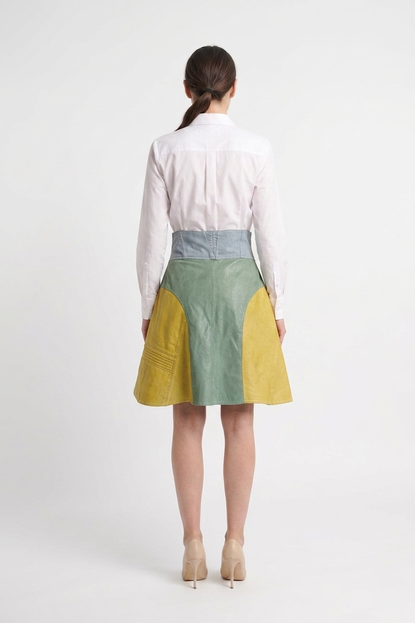 Upcycled multi-toned leather panel mini skirt made from repurposed coats