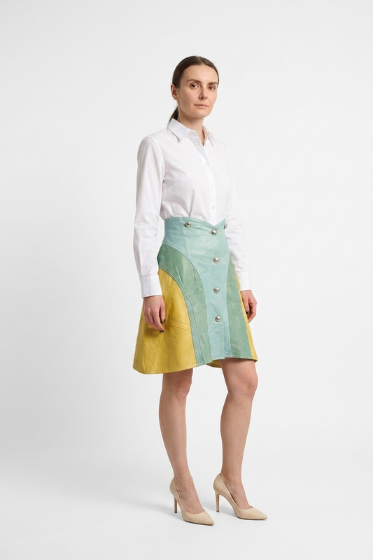 Upcycled multi-toned leather panel mini skirt made from repurposed coats