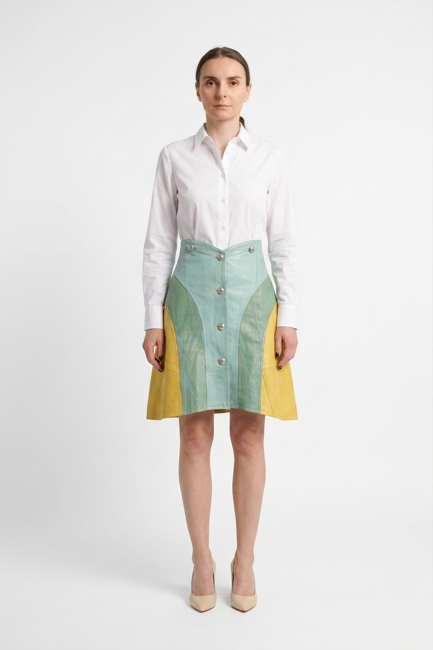 Upcycled multi-toned leather panel mini skirt made from repurposed coats