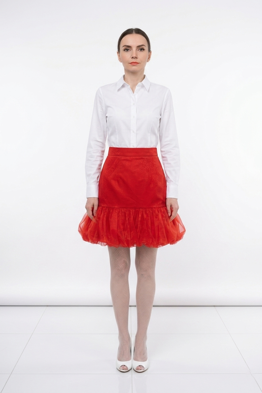 Red Upcycled Sheer Tulle Ruffled Mini Skirt